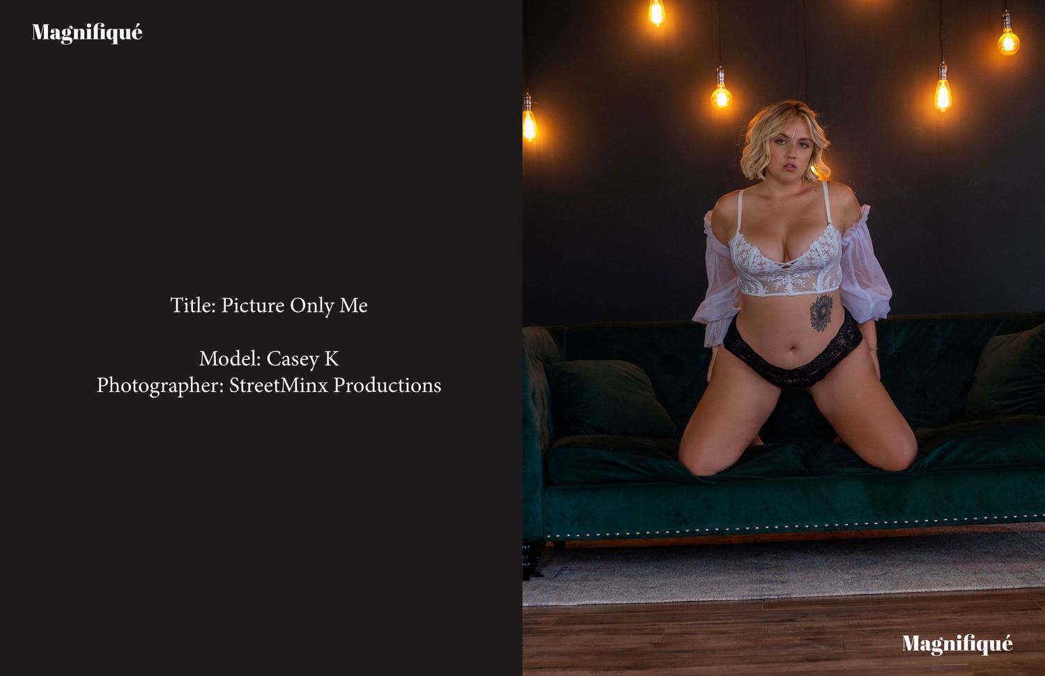 Moody boudoir photo with hanging Edison bulbs and emerald velvet couch.