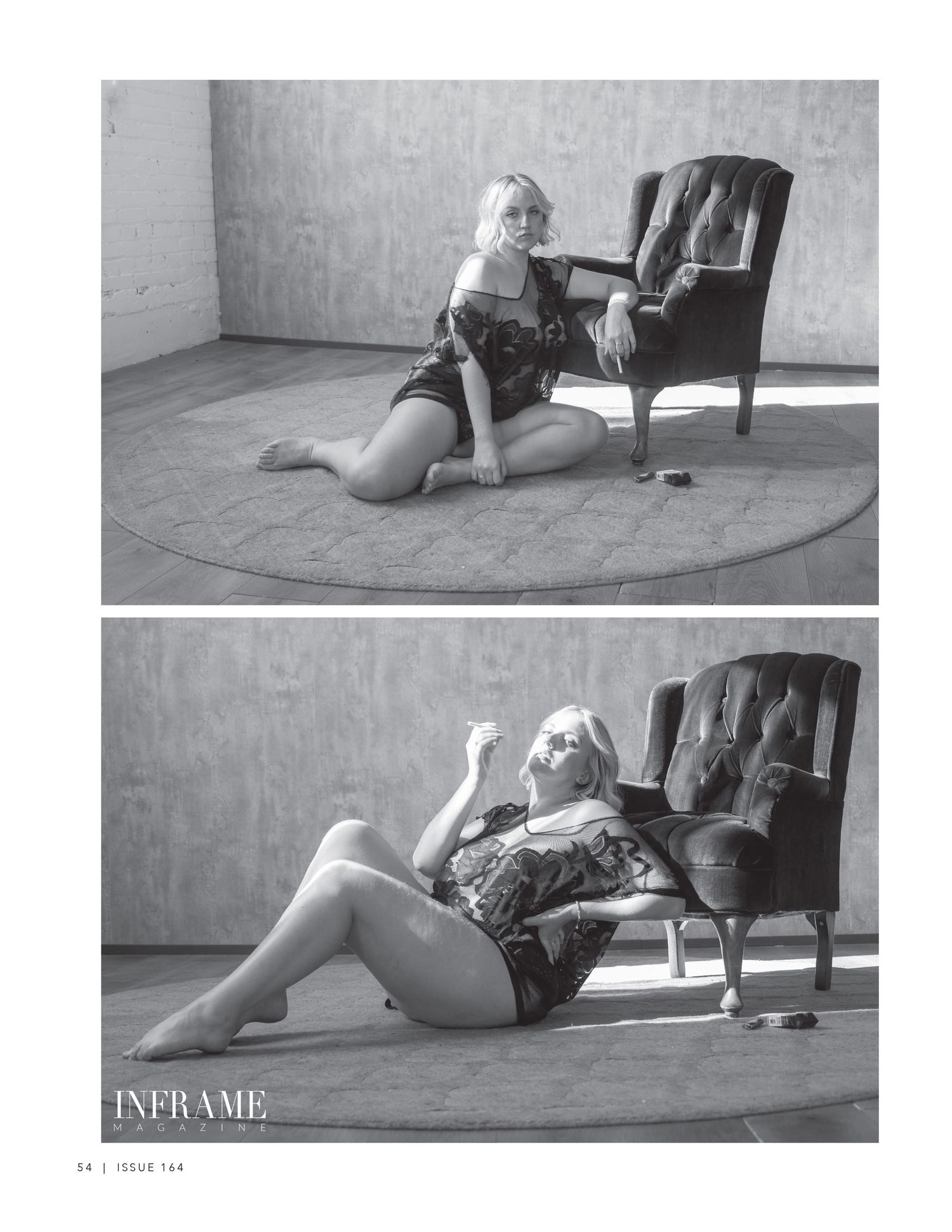 Monochrome fashion photography series featuring vintage furniture and dramatic poses.