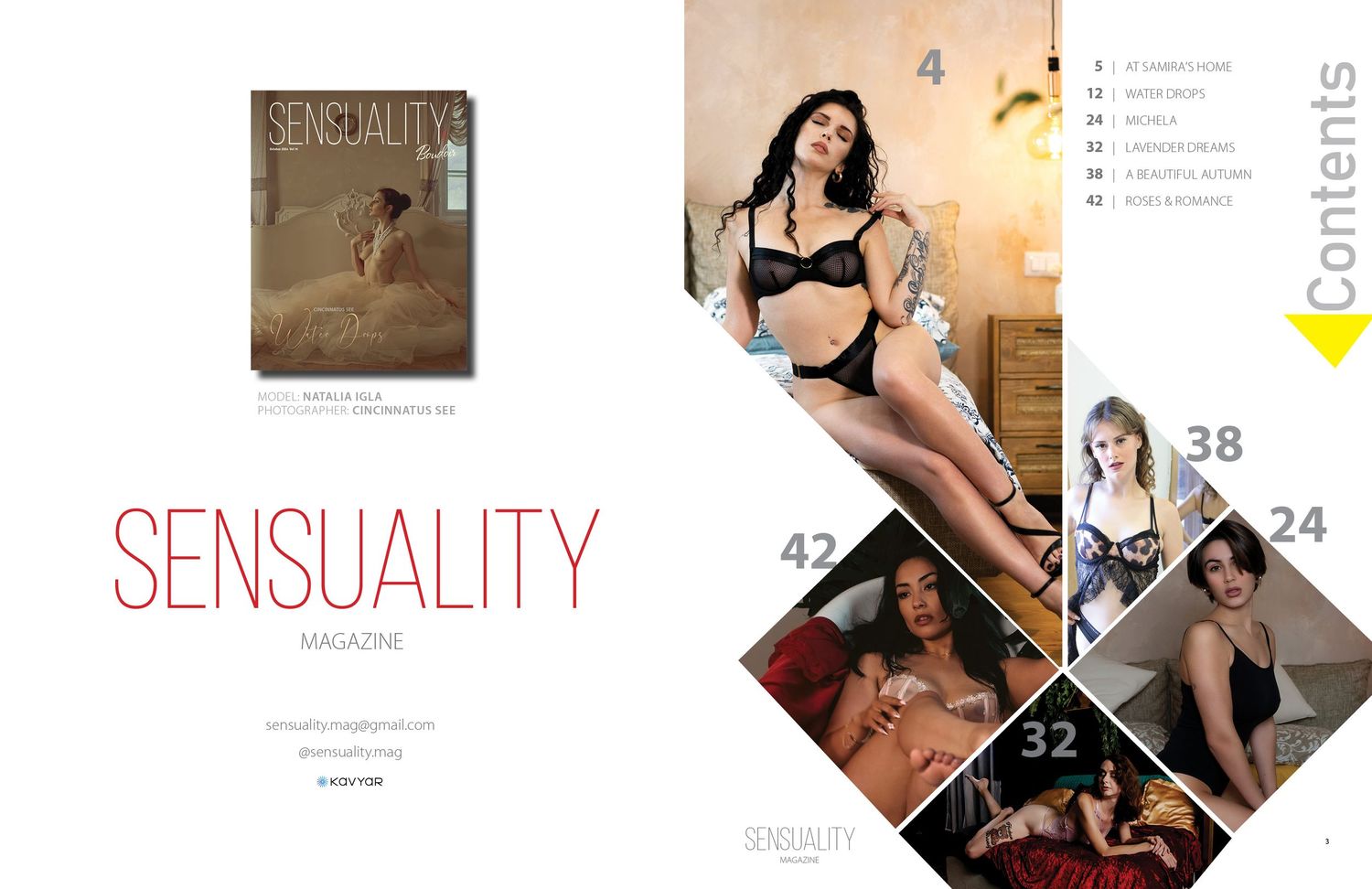 Photography layout design showcasing sensual artistic portraits with geometric arrangements.