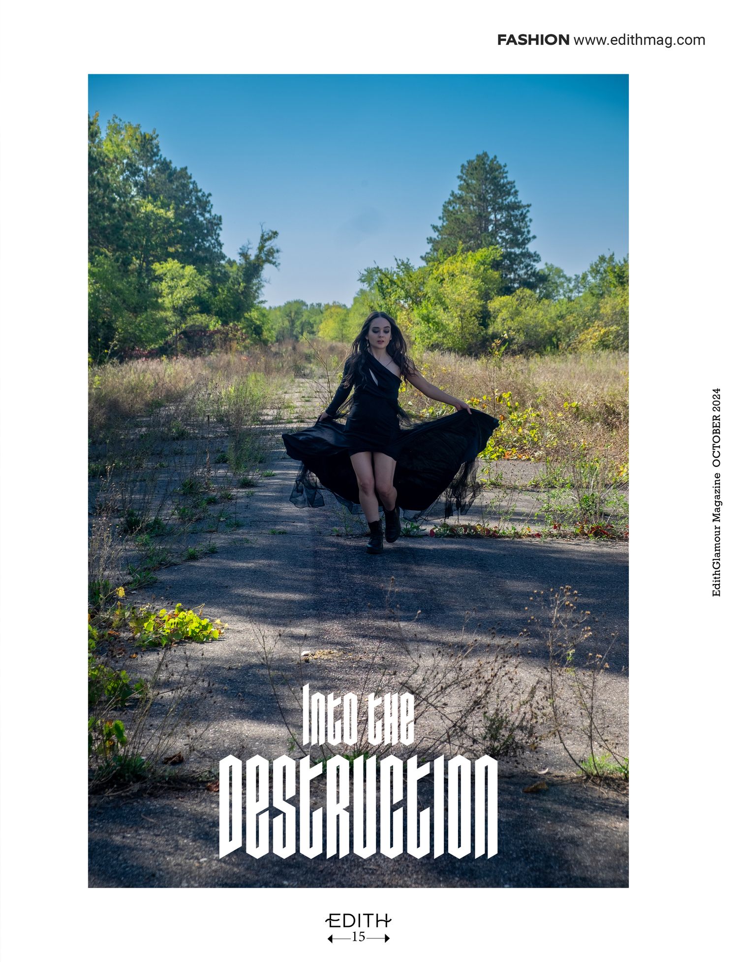 Editorial fashion photo with text 'Into the Destruction' showing dramatic black dress on rural path.