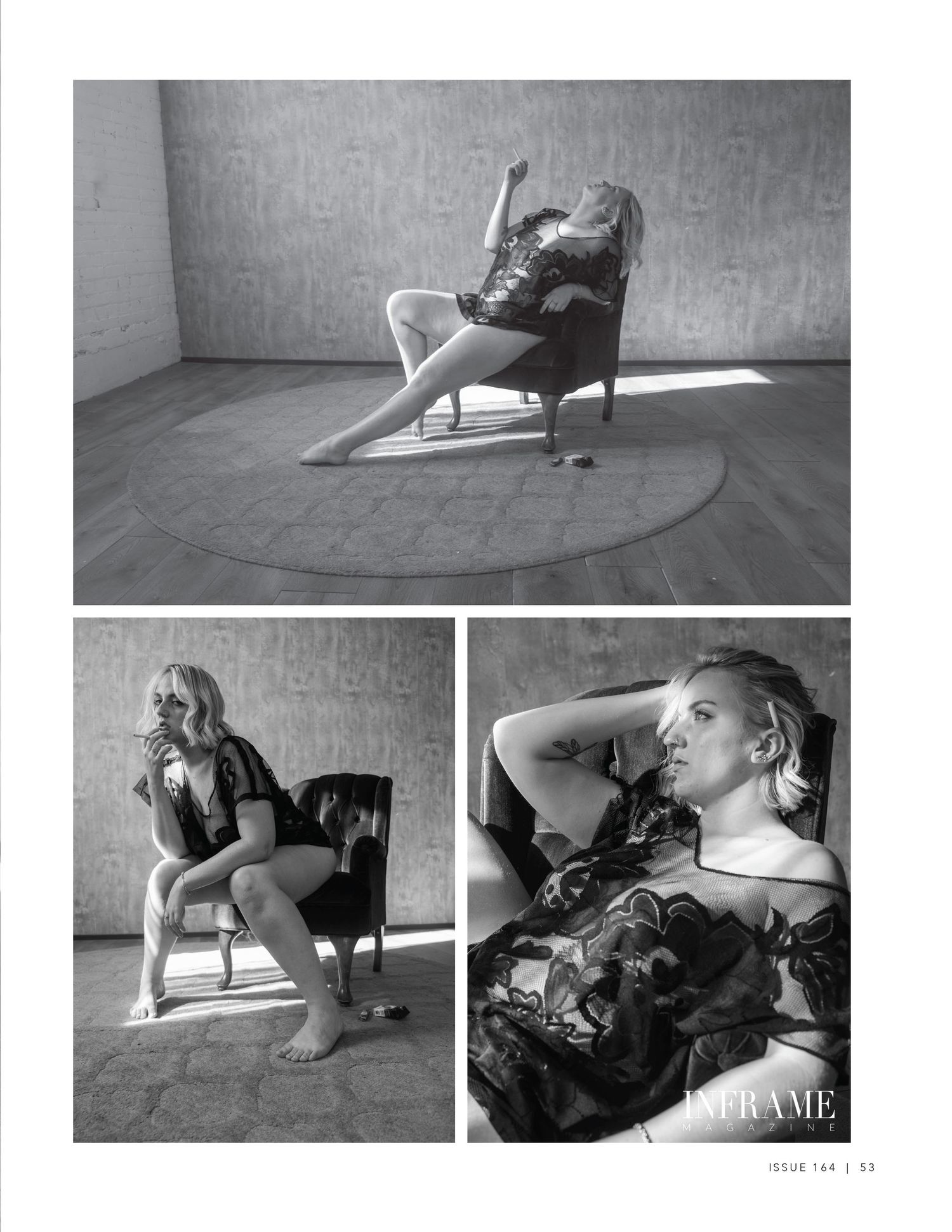 Artistic black and white portraits on a leather chair showing different poses and angles.