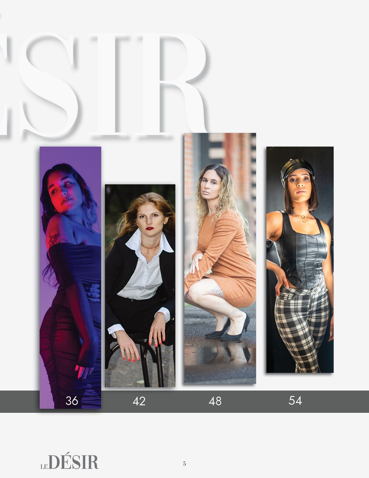 Magazine layout showing fashion portfolio with four contrasting model photoshoot styles.