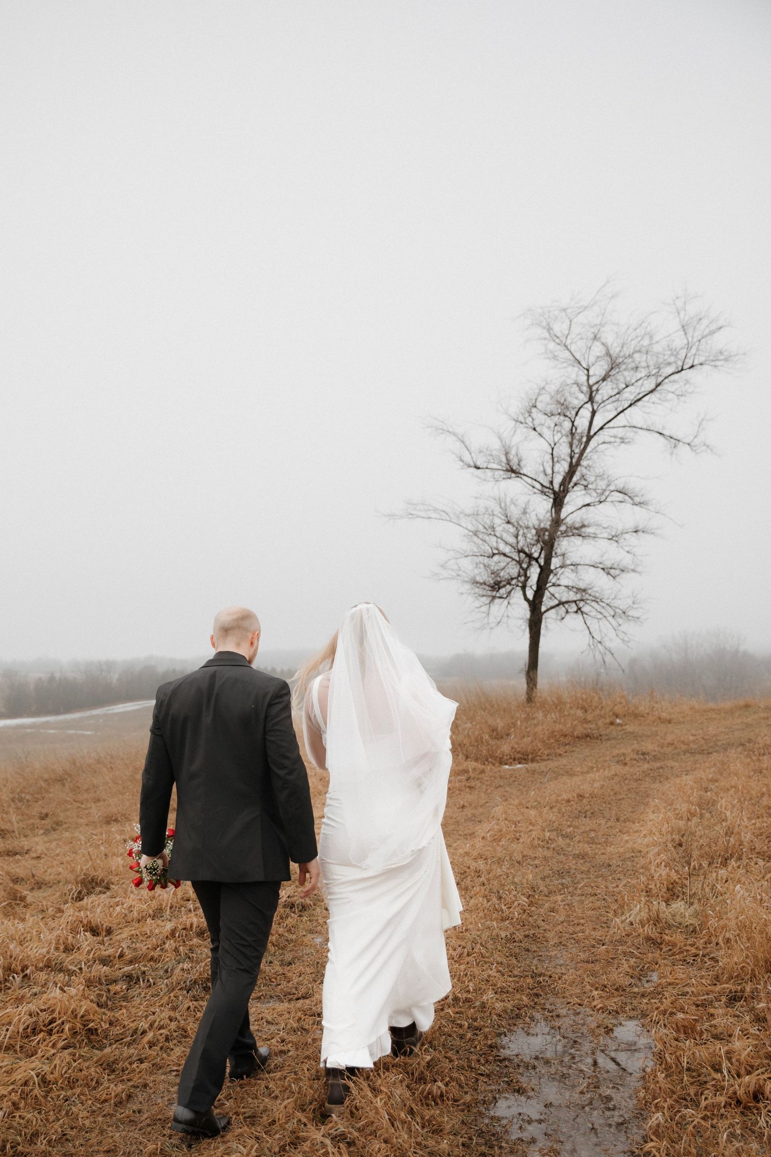 A couple in wedding attire walk away from the camera on a misty hilltop with a bare tree in the background.