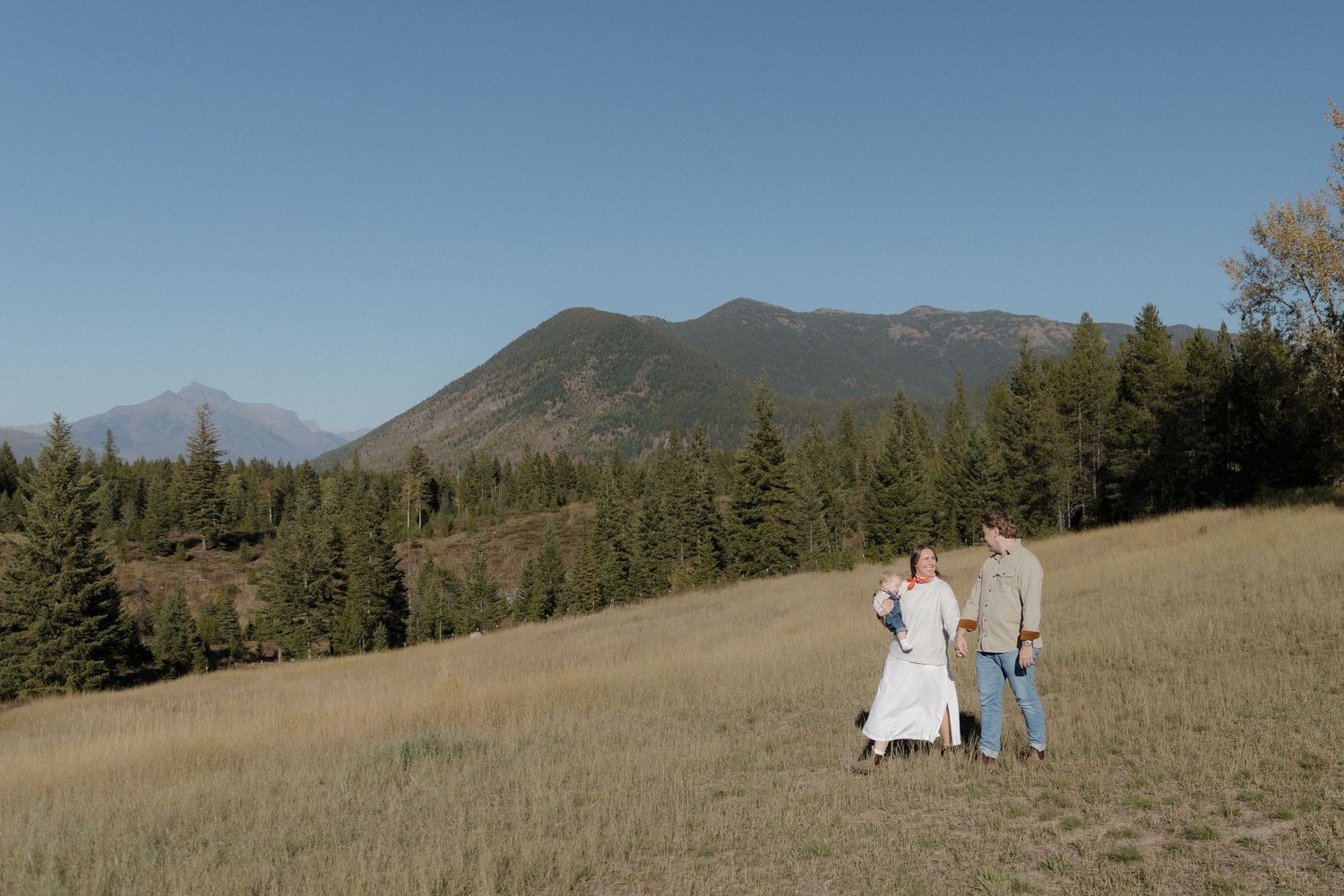 Couple walks through golden meadow with evergreen trees and mountain peaks under clear blue sky.