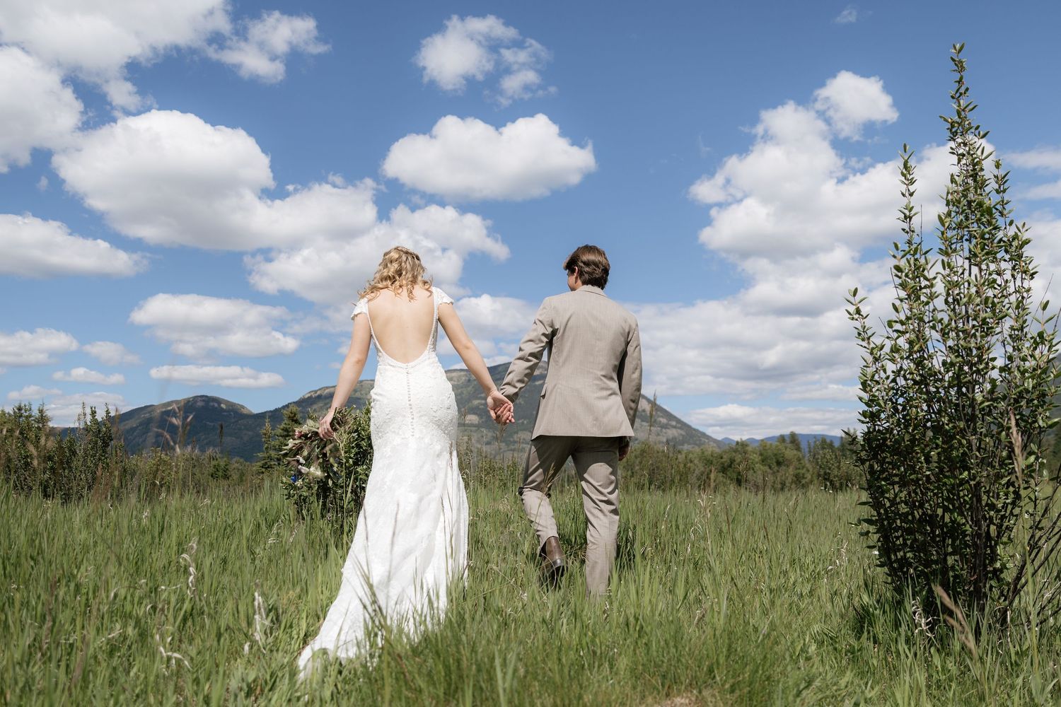 Bride and groom walk hand-in-hand through a lush green meadow with mountain views and blue sky backdrop.