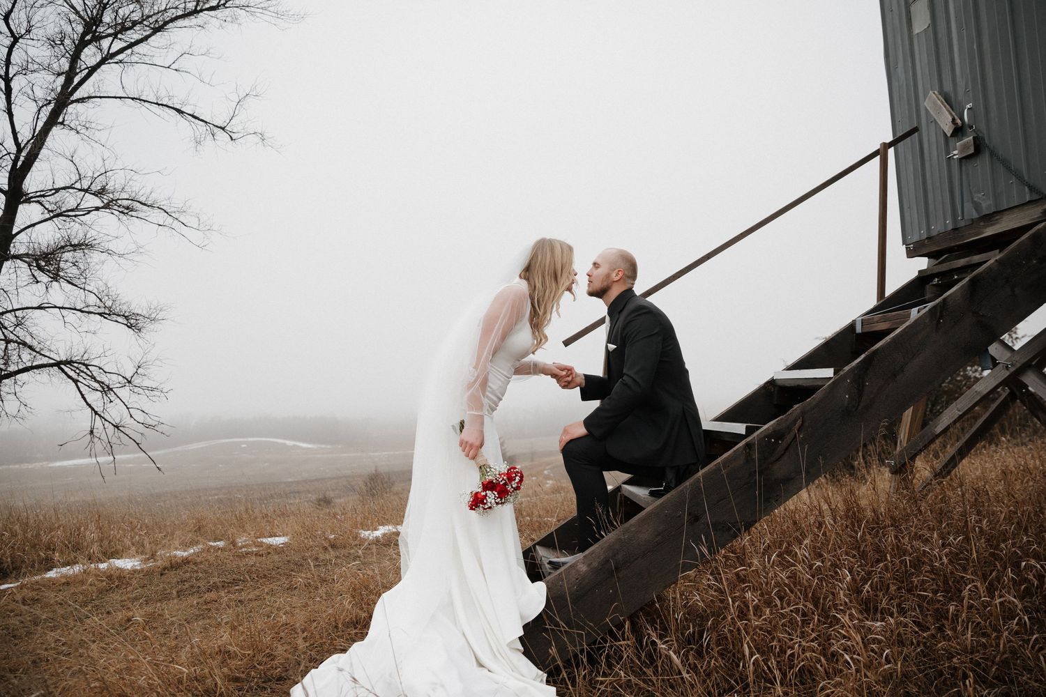 Bride and groom share romantic moments in multiple artistic wedding photos across a scenic rustic landscape.