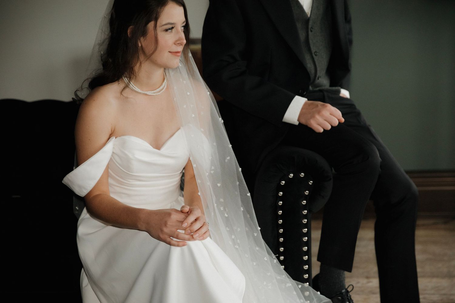 An intimate collection of romantic wedding photos featuring couples in black suits and white dresses during a ceremony.