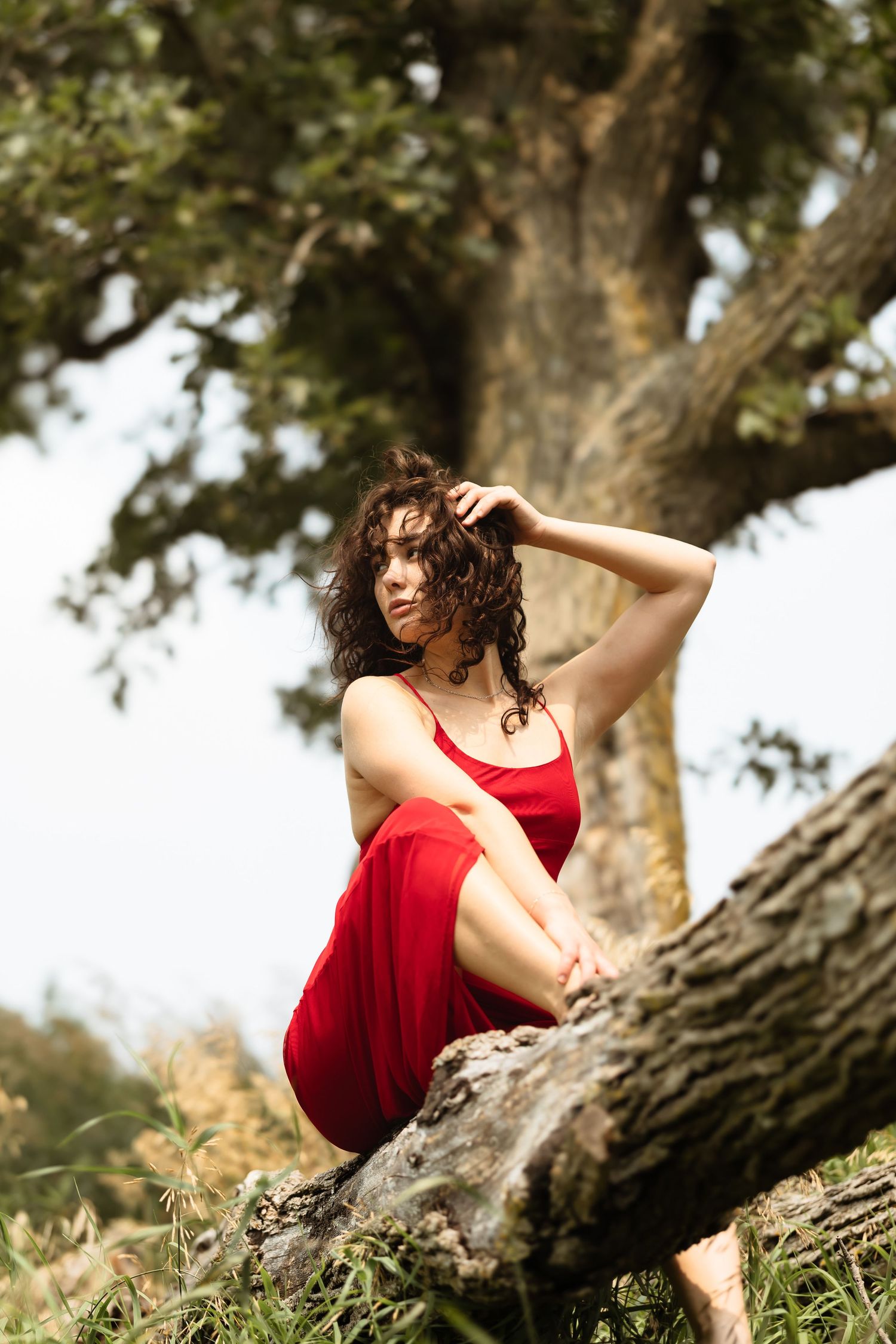 A person in a flowing red dress poses gracefully on a tree trunk in a natural outdoor setting.