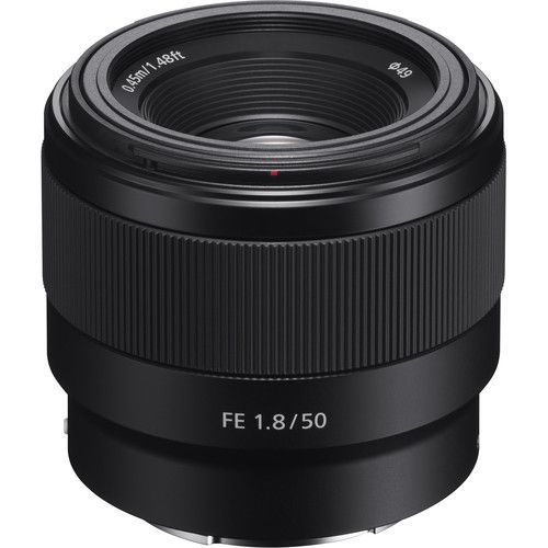 Black Sony FE 50mm f/1.8 prime lens shown from multiple angles on white background.