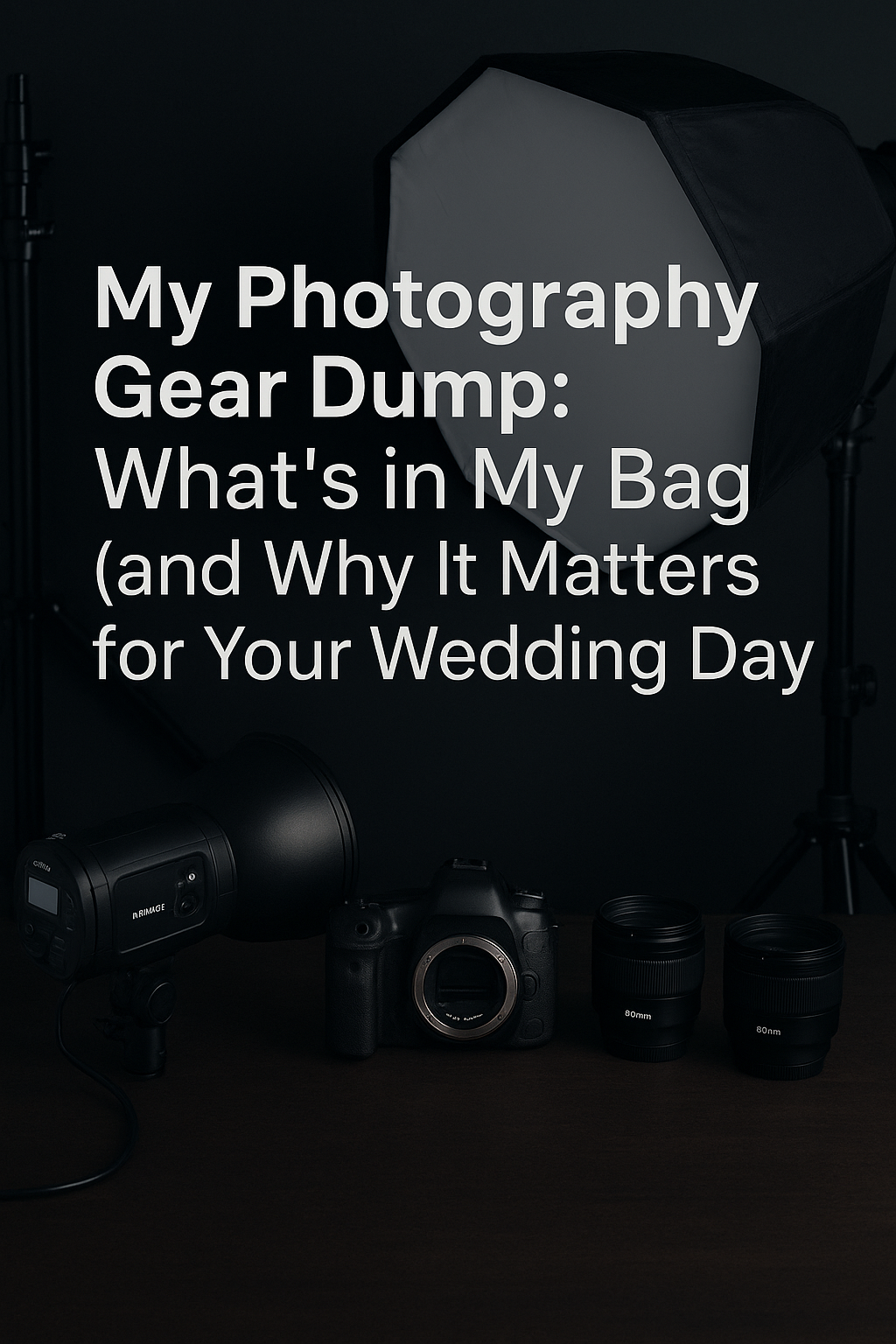 Dark moody photo of photography gear and equipment including camera body, lens and other accessories for wedding photography.
