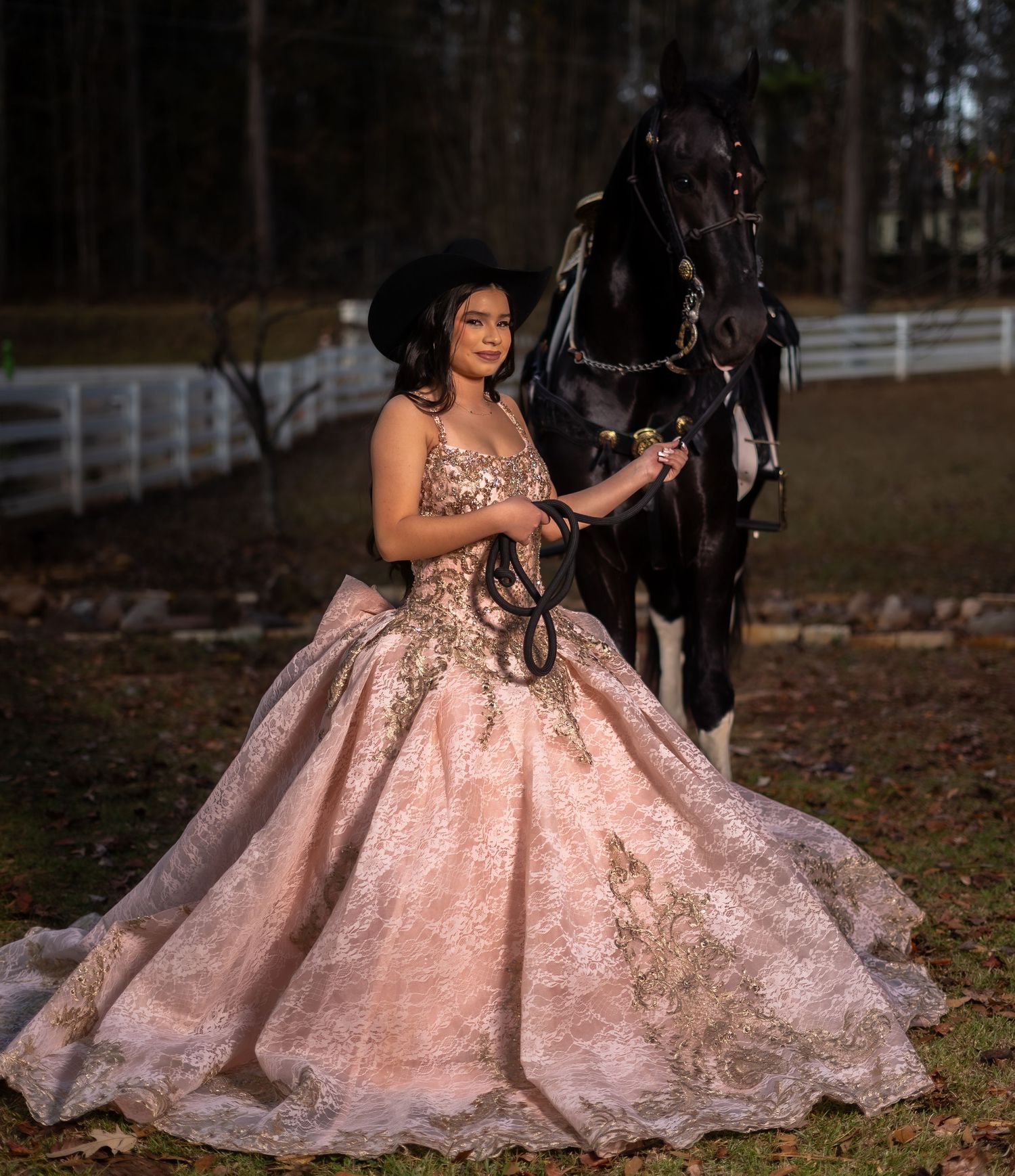 A person in a flowing pink ball gown poses with a majestic black horse near white fencing at dusk.