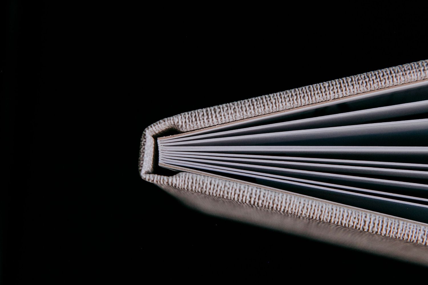 Close-up view of an open photo album spine showing bound pages against black background.