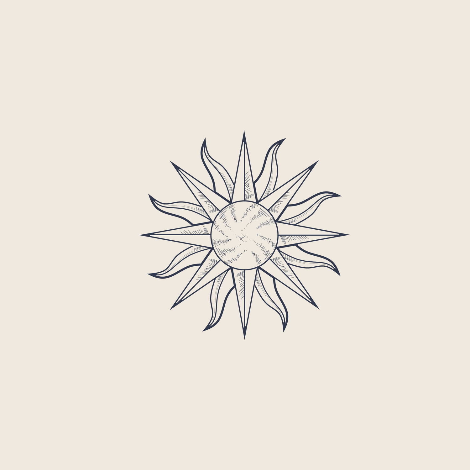 Simple line drawing of a sun with wavy rays on a beige background.