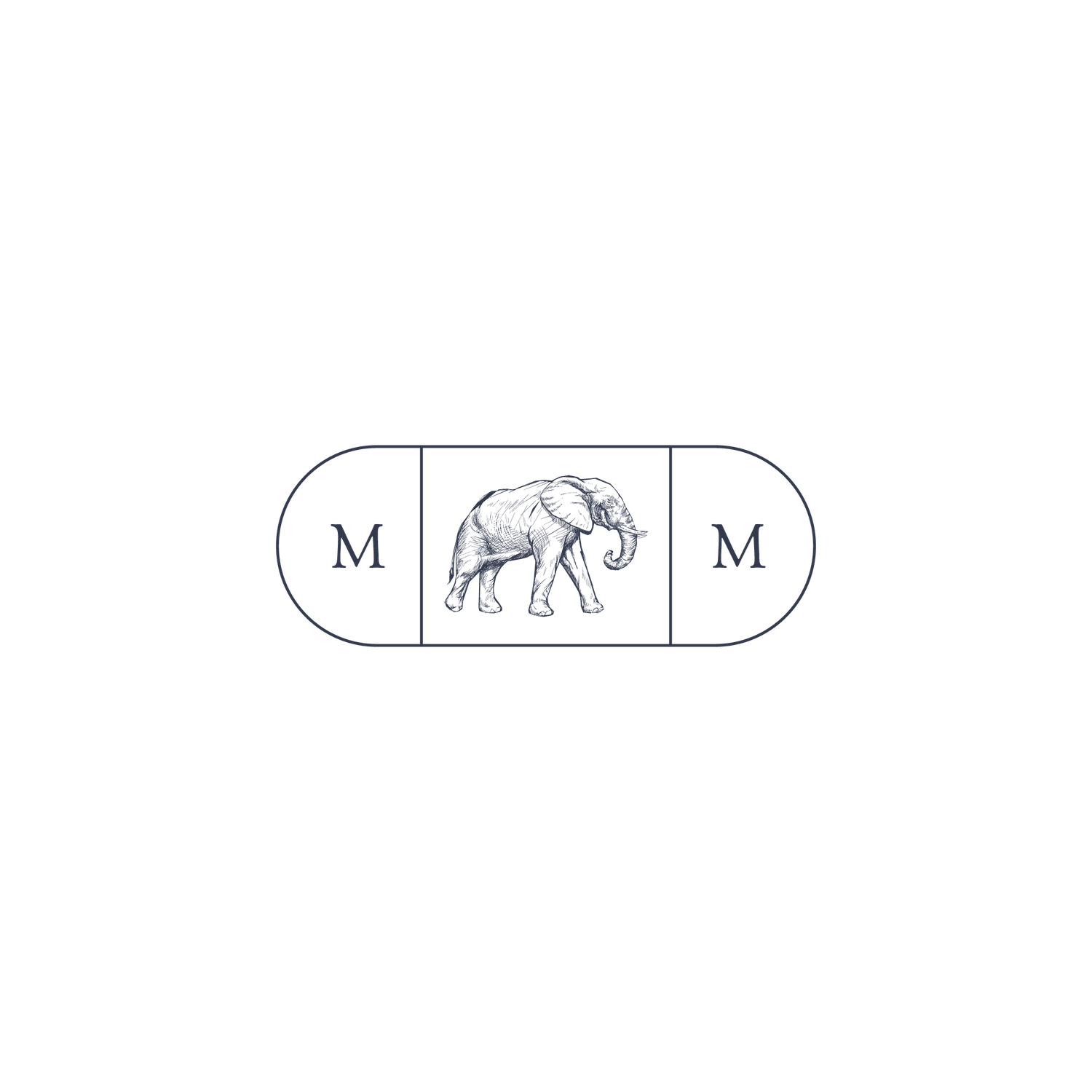 Simple navy blue logo design with elephant silhouette between M letters.