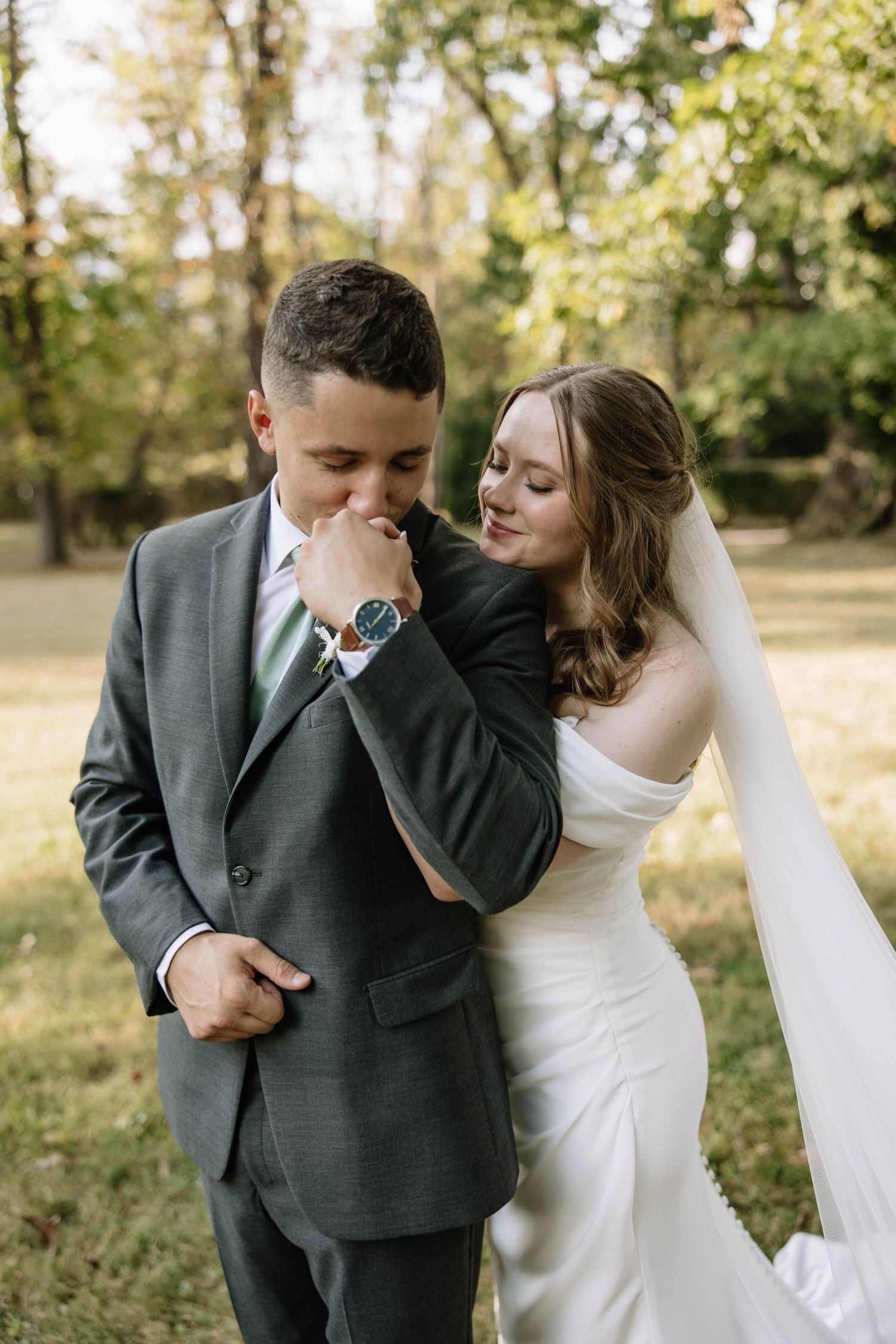 Series of candid wedding moments captured in natural outdoor setting.