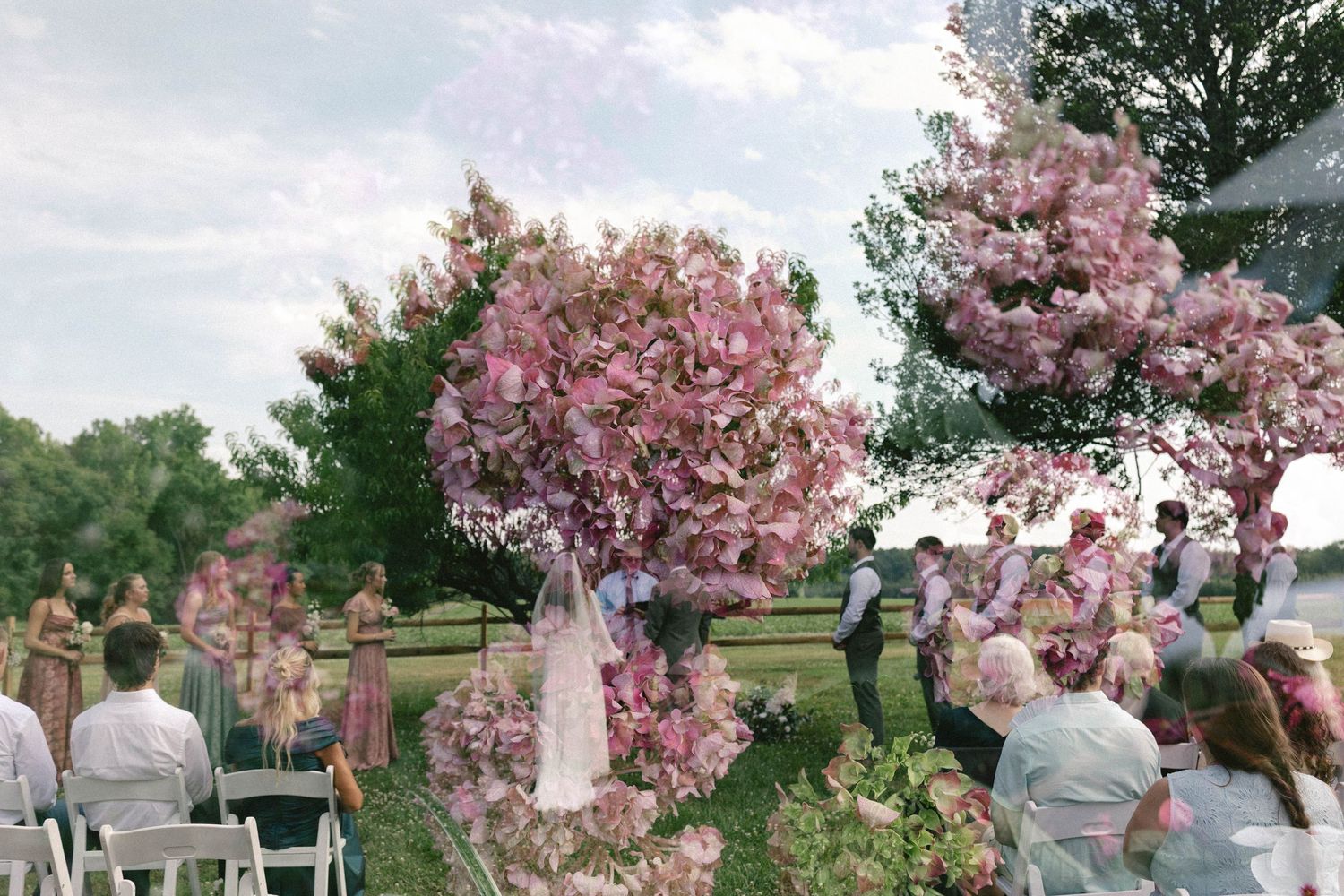 Outdoor wedding ceremony with guests seated among blooming pink flowering trees on a lush green lawn.