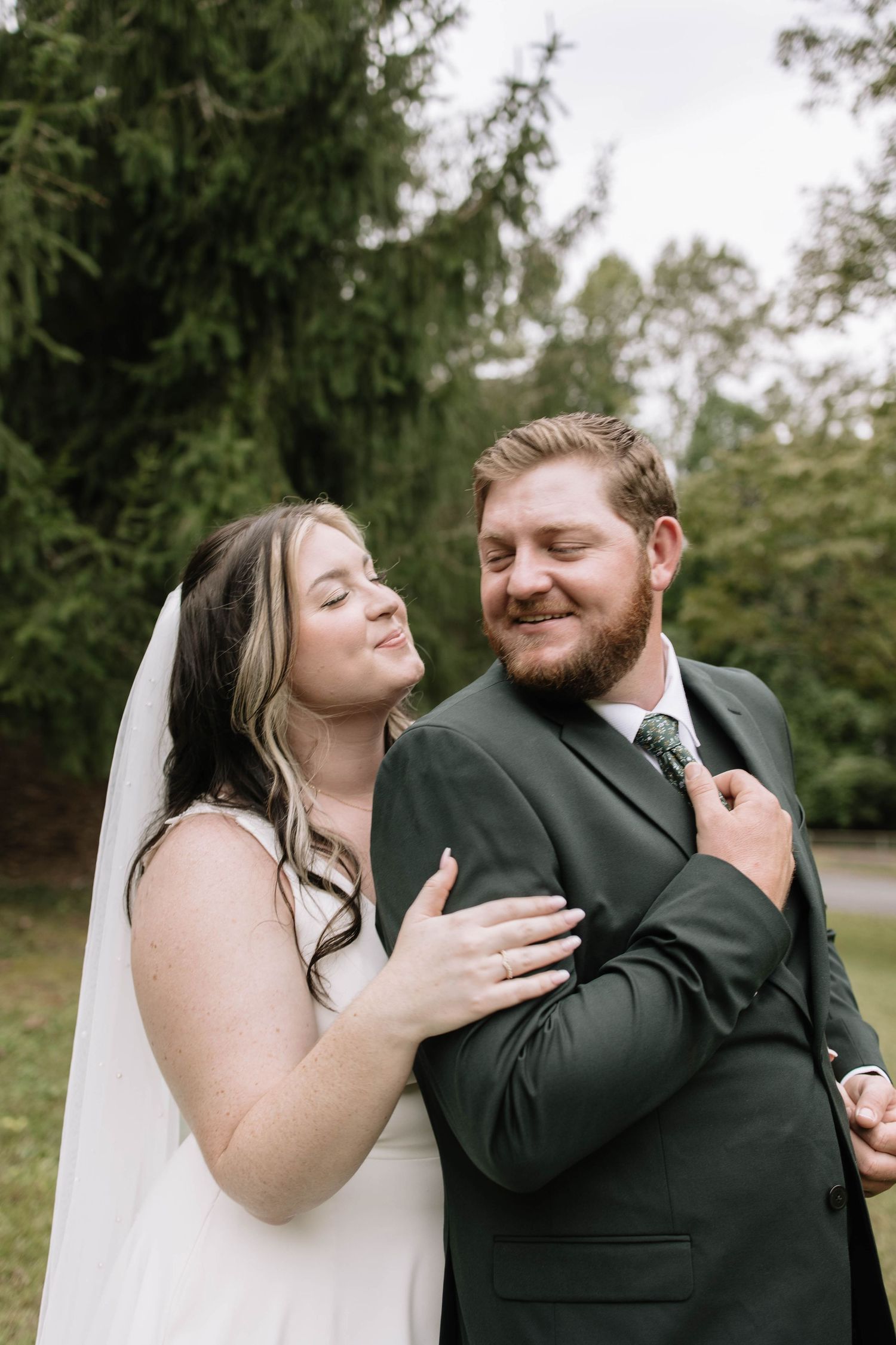 Candid wedding photos showing joyful moments between newlyweds outdoors.