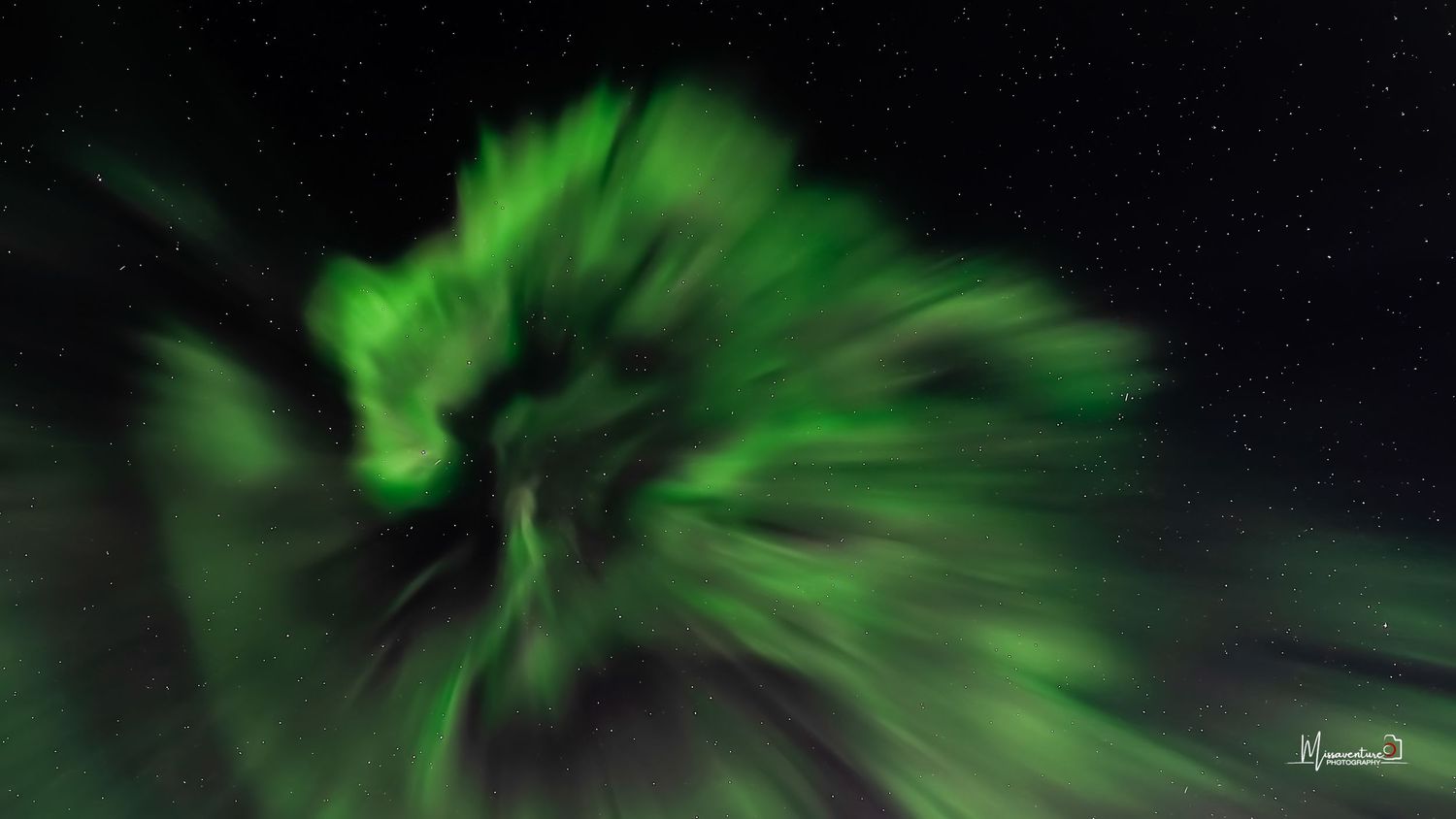 Aurore boréale explosive verte au dessus de la tête, format panoramique. LAPONIE.