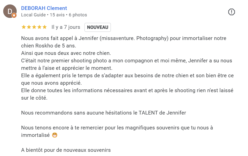 PHOTOGRAPHE CHIEN, CHAT & PORTRAIT dans le Var (83).
Avis de mes clients pour un shooting couple et chien