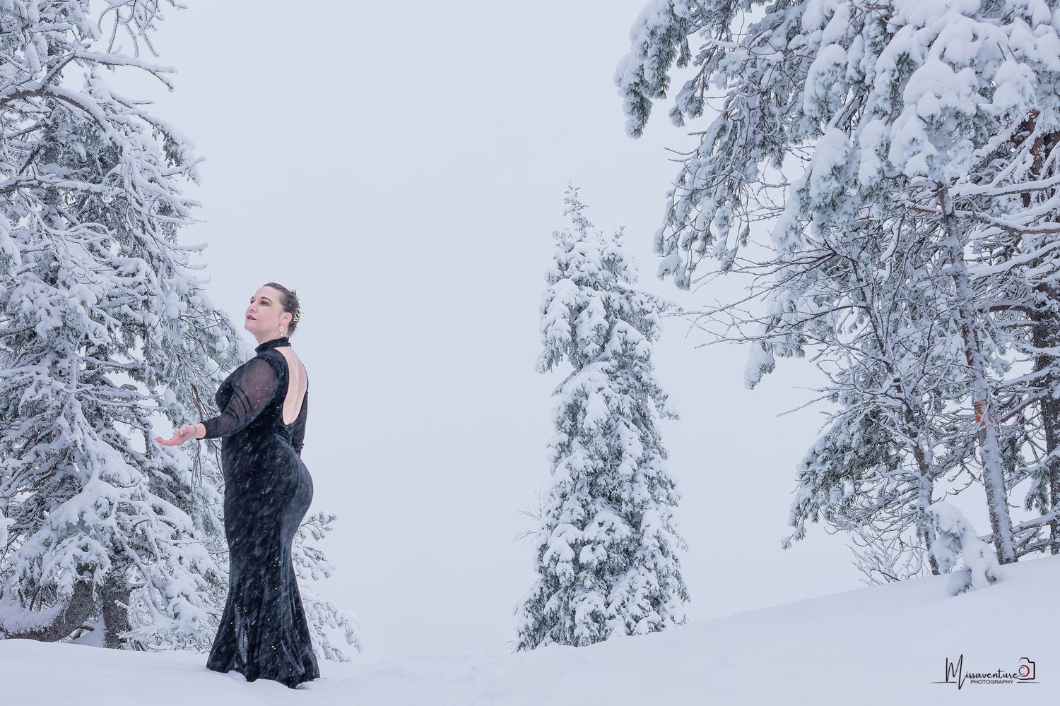 PHOTOGRAPHE CANIN, FÉLIN & PORTRAIT dans le Var (83).
moi en robe longue et élégante noir dans un paysage tout blanc et neige en Laponie