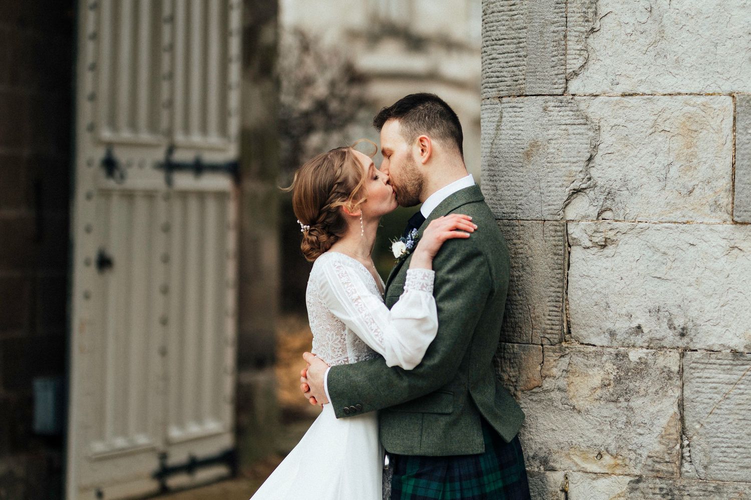Romantic moment wedding Dundas Castle Scotland