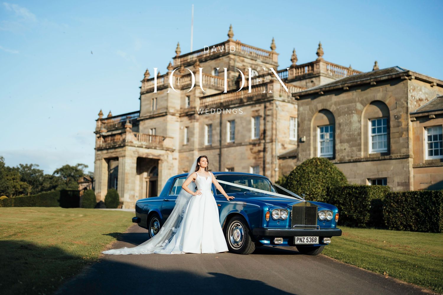 A collection of wedding scenes at a grand stone manor featuring classic cars and elegant bridal attire against historic architecture.