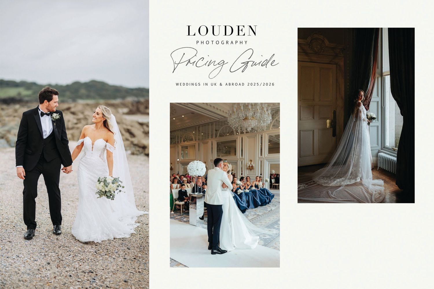 Wedding photography portfolio collage featuring bride and groom portraits and ceremony moments.
