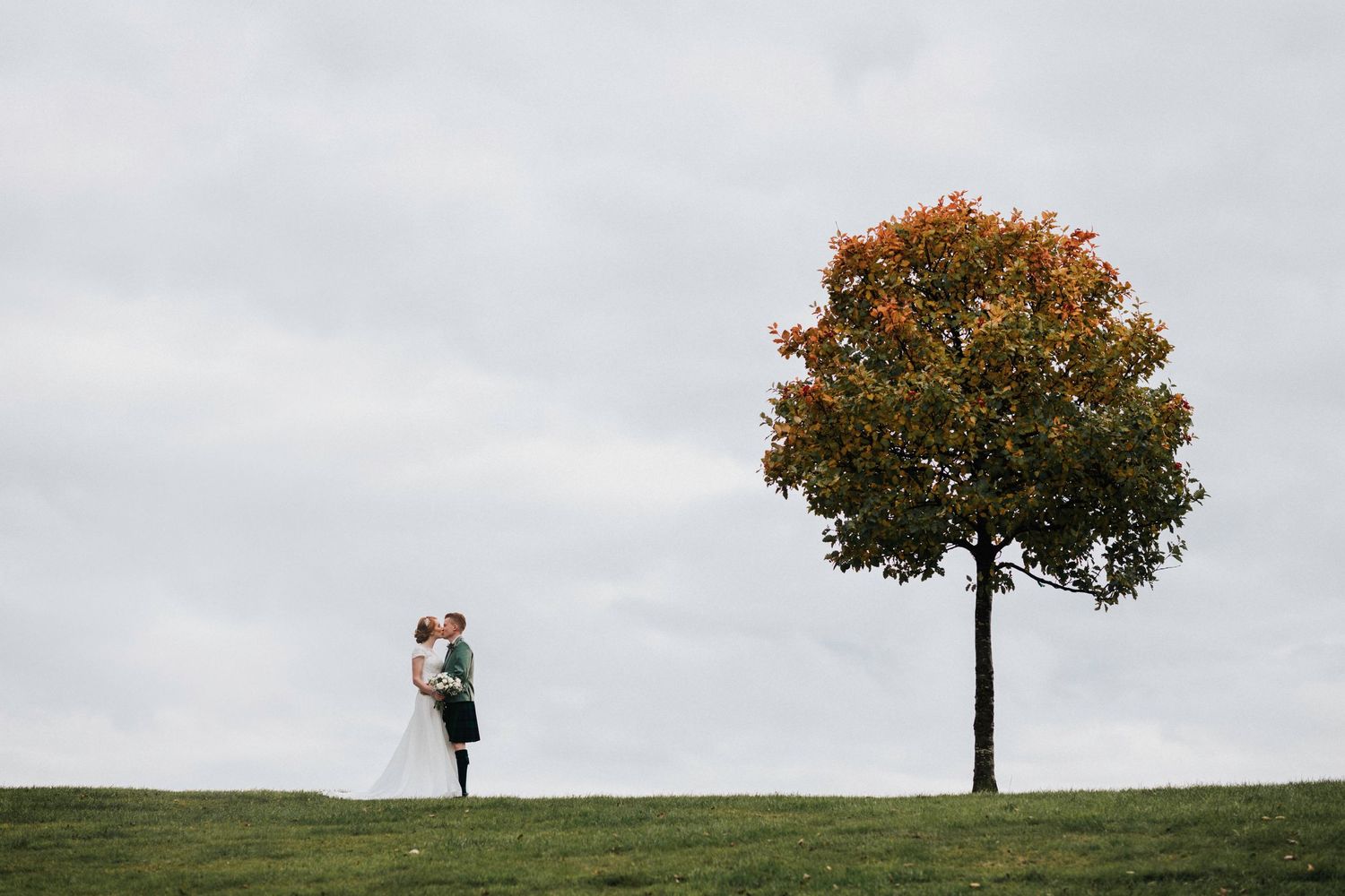 Two silhouettes embrace on a grassy hill beside a lone autumn tree with orange leaves against an overcast sky.