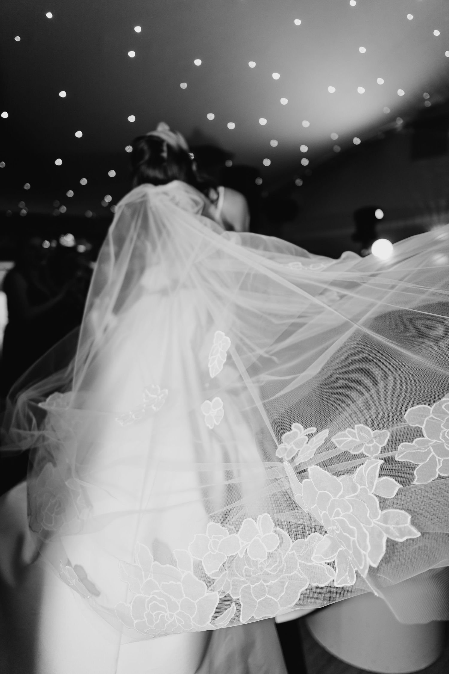 A delicate white bridal veil with lace trim flows gracefully against a dark background with twinkling lights.