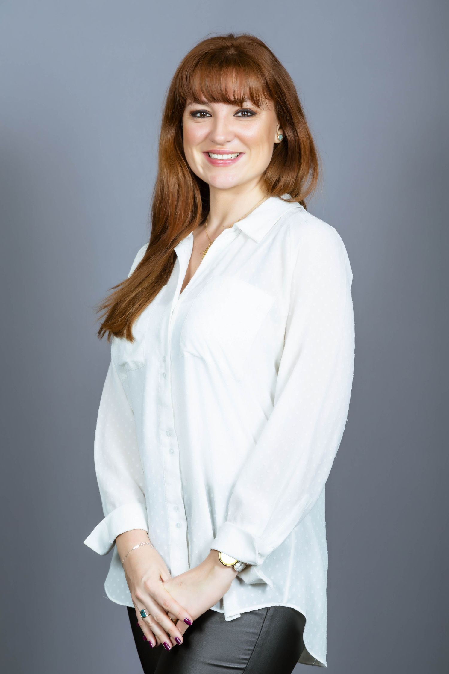 Professional portrait series showing a person in a white button-down shirt against a gray studio backdrop.