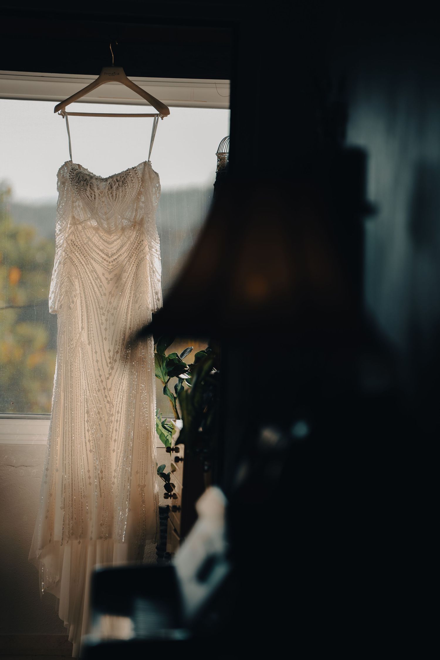 Ethereal wedding dress hanging against a window with soft natural lighting.