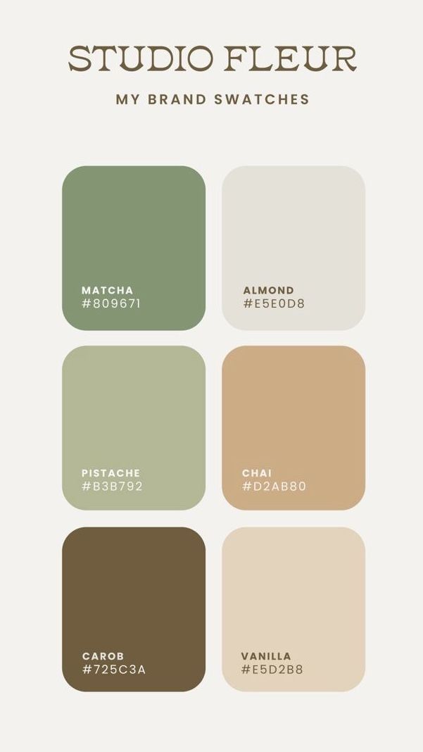 Studio Fleur brand color swatches featuring Matcha, Almond, Pistache, Chai, Carob, and Vanilla earth tones.