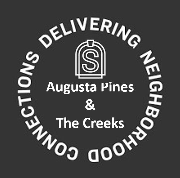 Circular logo with Augusta Pines and The Creeks delivering neighborhood connections text in white on dark background.