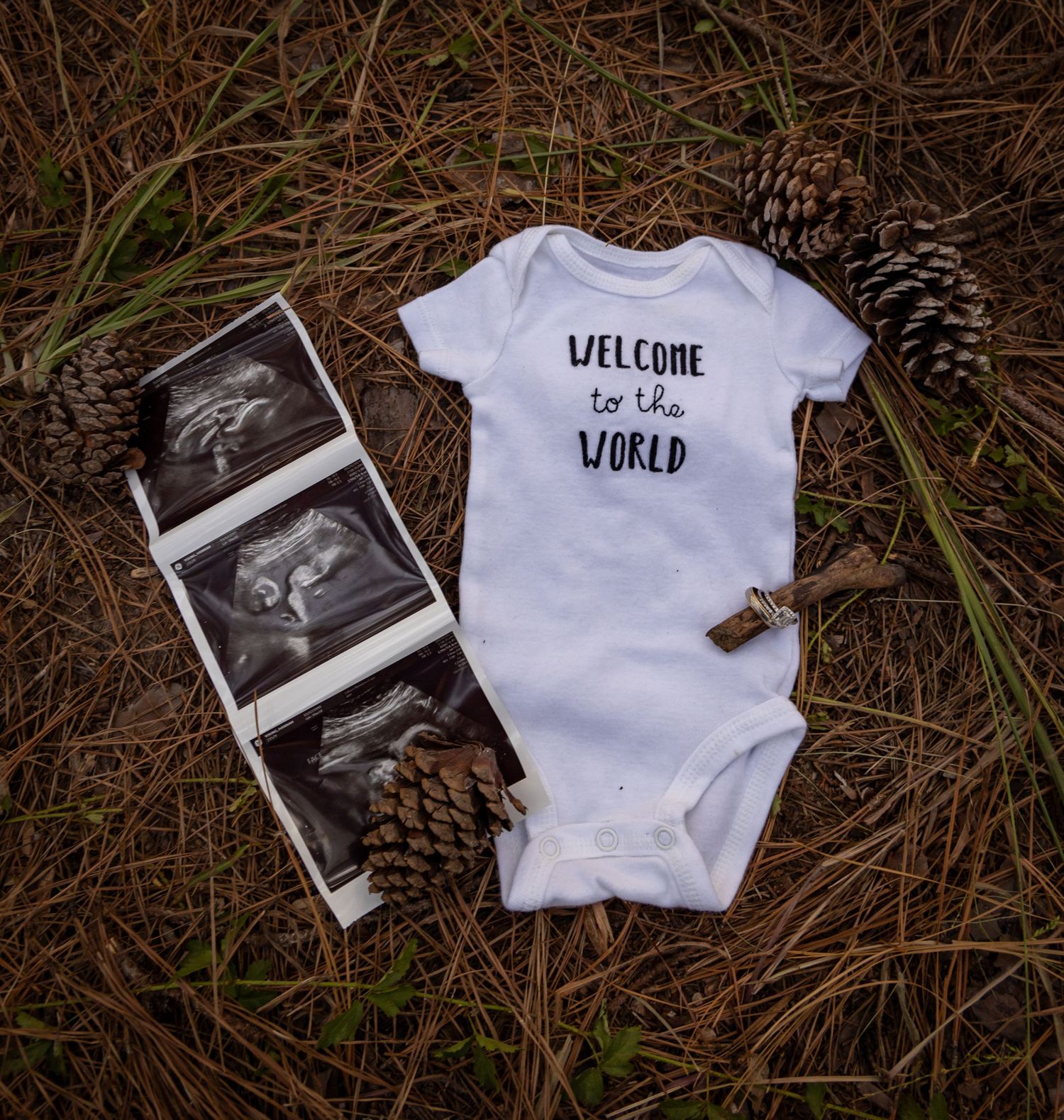 White baby onesie reading Welcome to the World beside ultrasound photos on pine needle ground with pine cones.