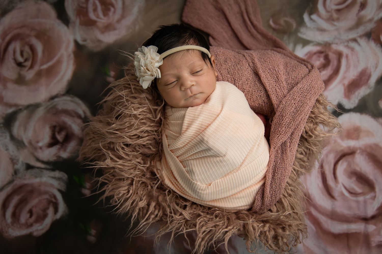 Newborn baby girl swaddled in cream wrap, sleeping peacefully in fluffy nest surrounded by pink roses.