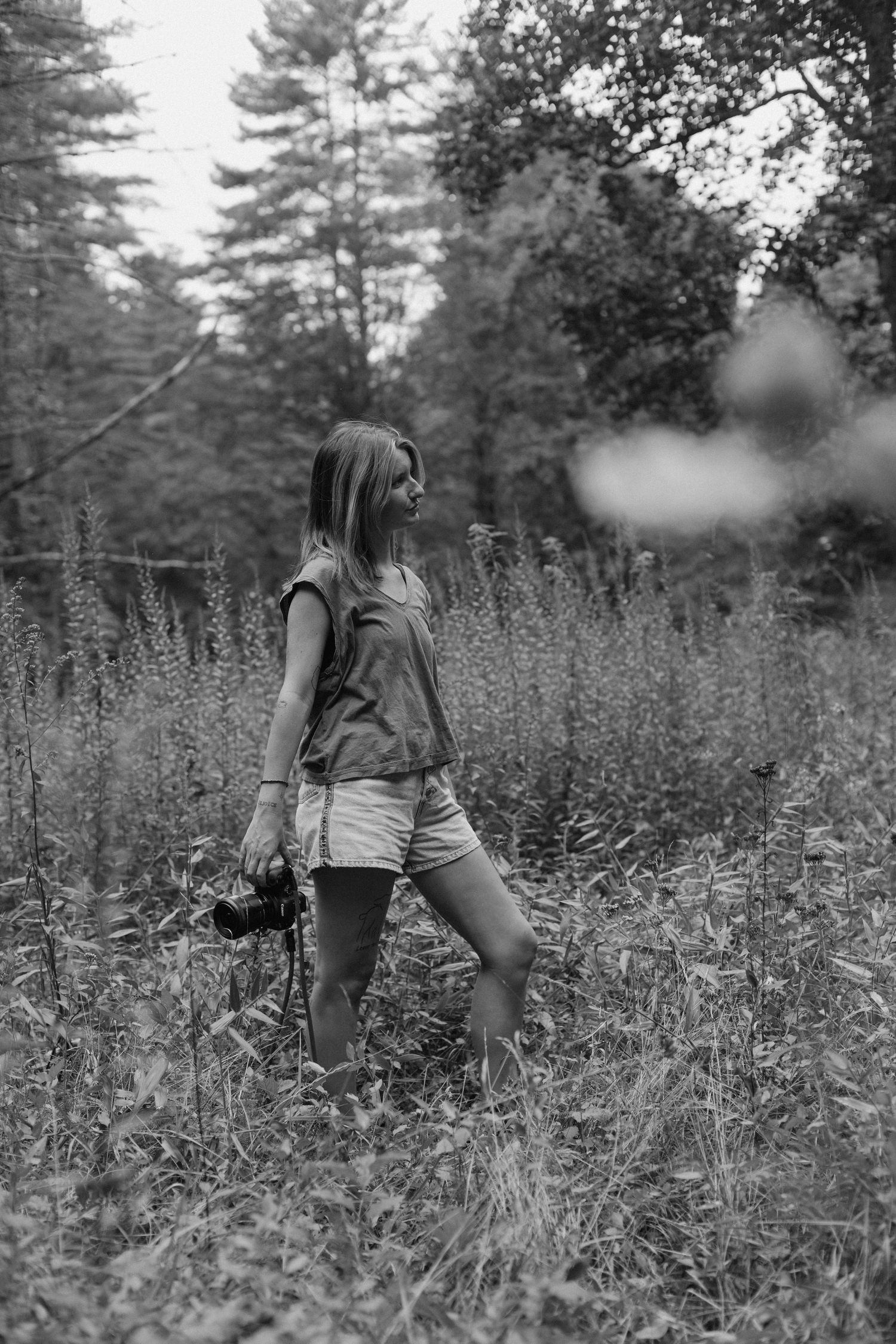 Black and white photograph of someone holding a camera while standing in a wildflower meadow with pine trees in background.