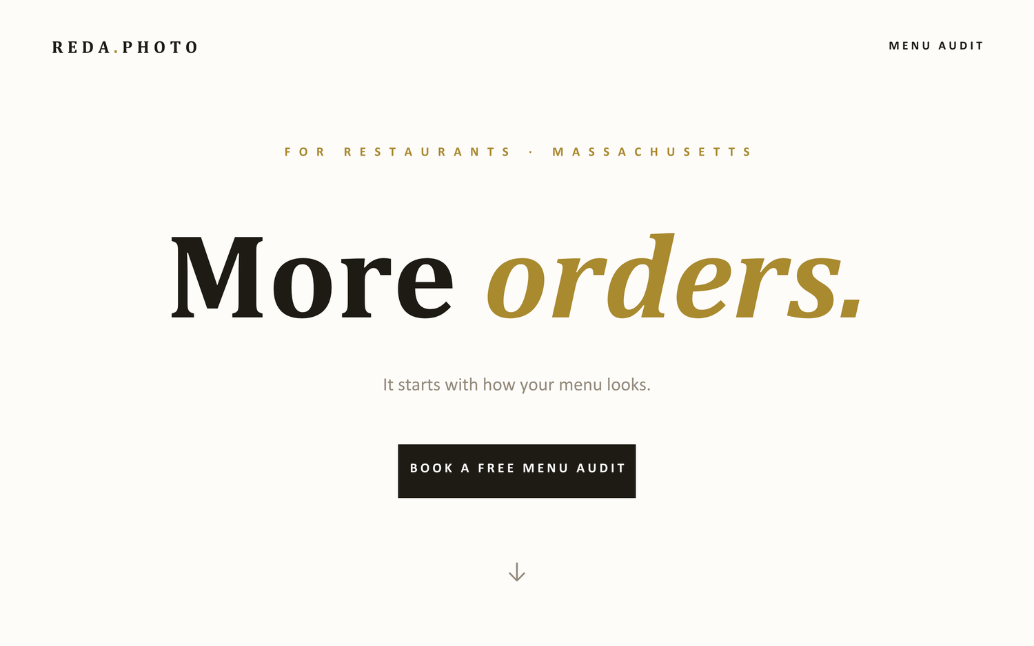 Reda Photo website homepage for restaurants in Massachusetts featuring bold text More orders and a free menu audit CTA button.