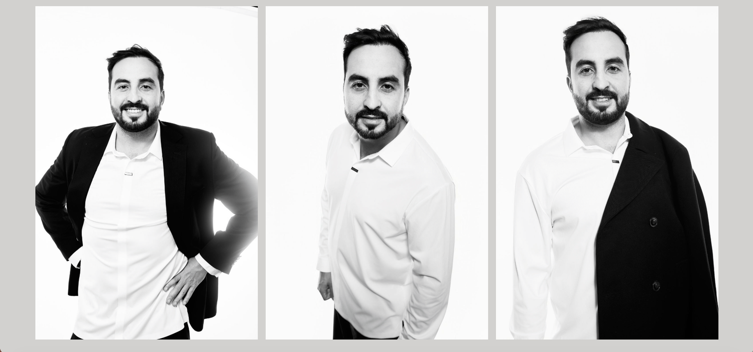 Black and white triptych portrait of a bearded man in three poses wearing casual attire against white background.