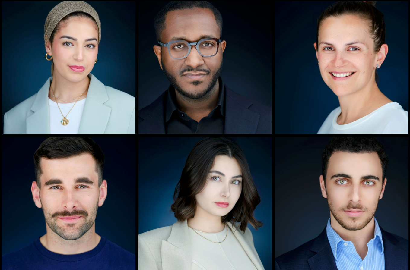 Six professional headshots of diverse individuals in business attire against dark backgrounds.