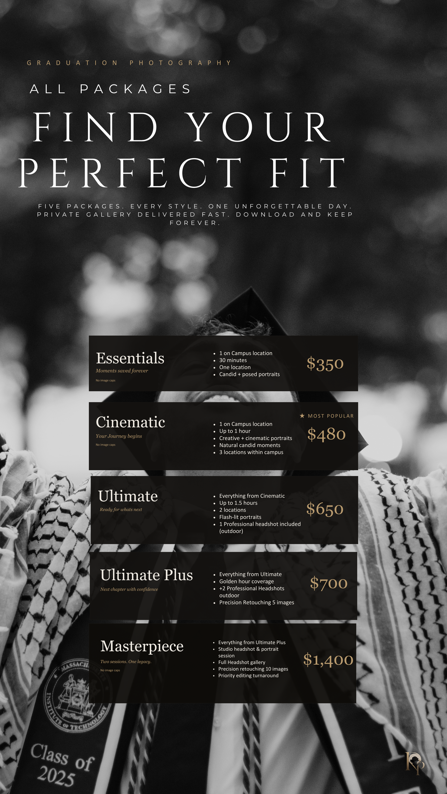 Black and white graduation photography pricing packages poster showing five tiers from $350 Essentials to $1400 Masterpiece.