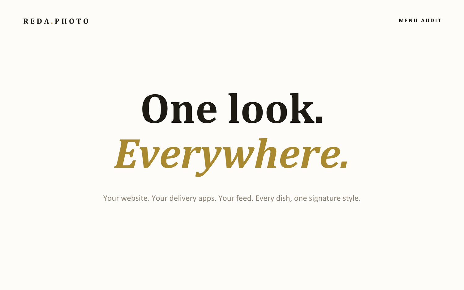 Restaurant food photography service homepage with bold typography reading One Look Everywhere on a cream background.