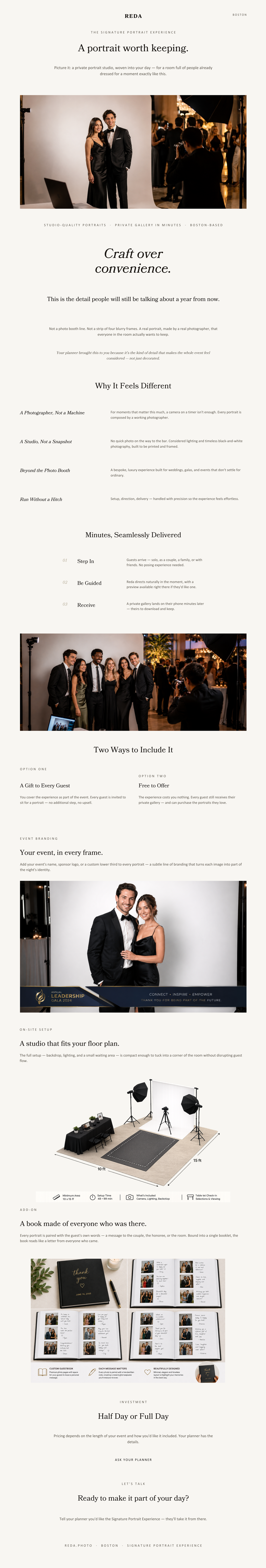 A professional portrait studio setup with elegantly dressed guests posing for formal portraits at a corporate event.