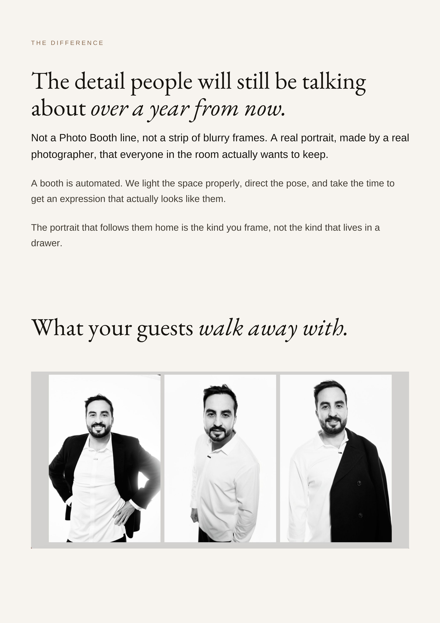 Three professional black and white portraits of men in formal attire, showcasing real photography quality for events.