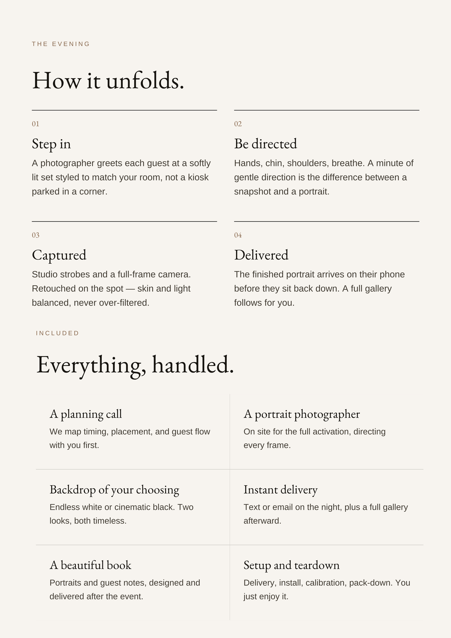 Elegant event photography service brochure detailing a step-by-step process including planning, portrait sessions, and instant delivery.