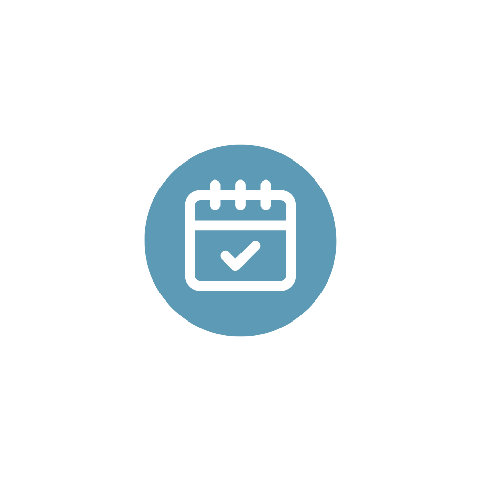 A steel blue circular icon featuring a calendar with a checkmark symbol.