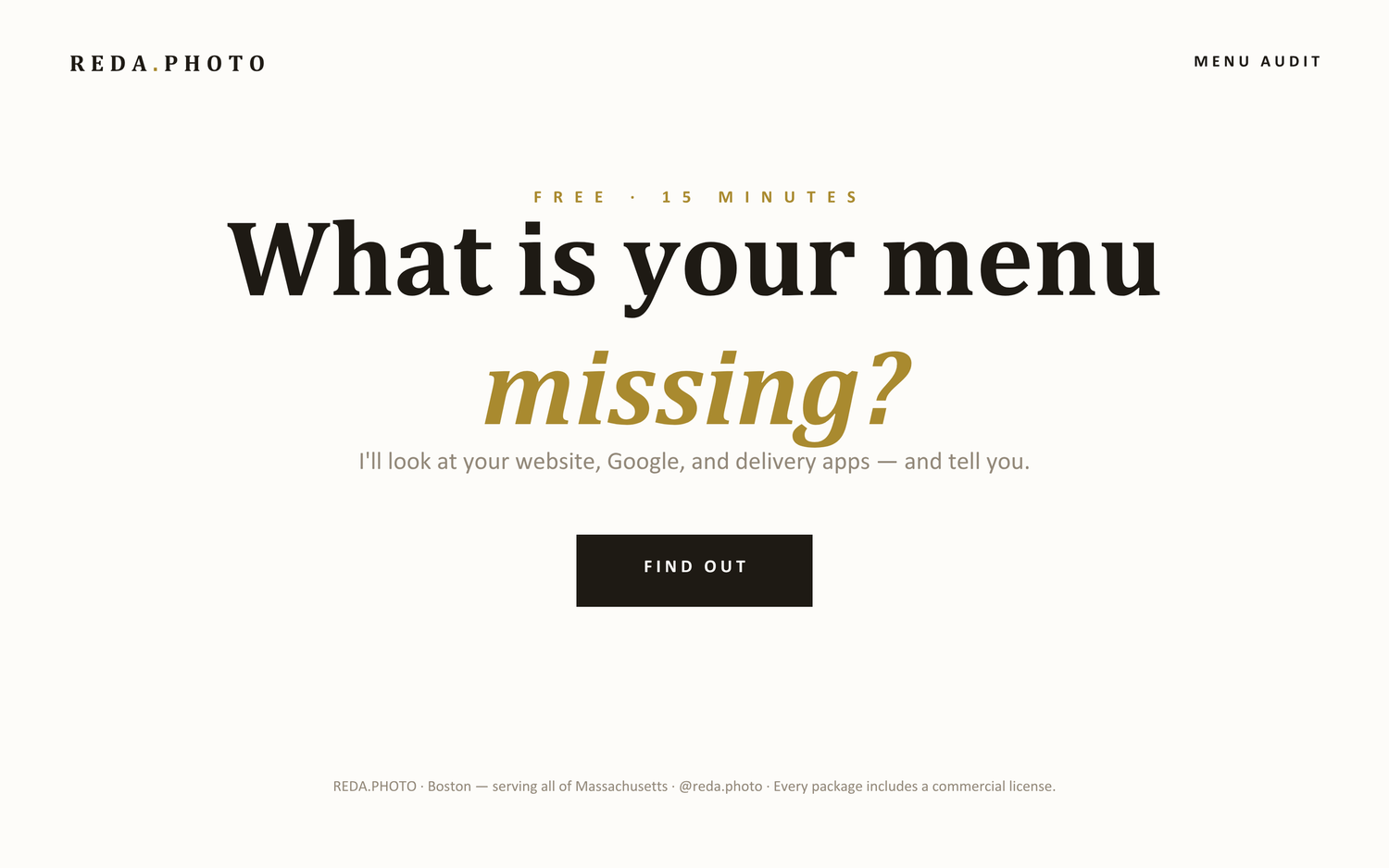 Reda.Photo website offering a free 10-minute menu audit service for restaurants, analyzing websites, Google, and delivery apps.