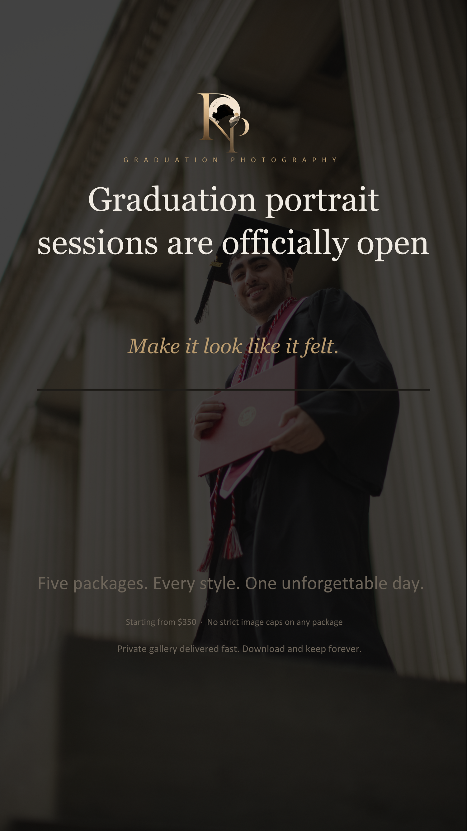 Graduation portrait photography promotional flyer featuring a graduate in cap and gown holding a diploma outdoors.