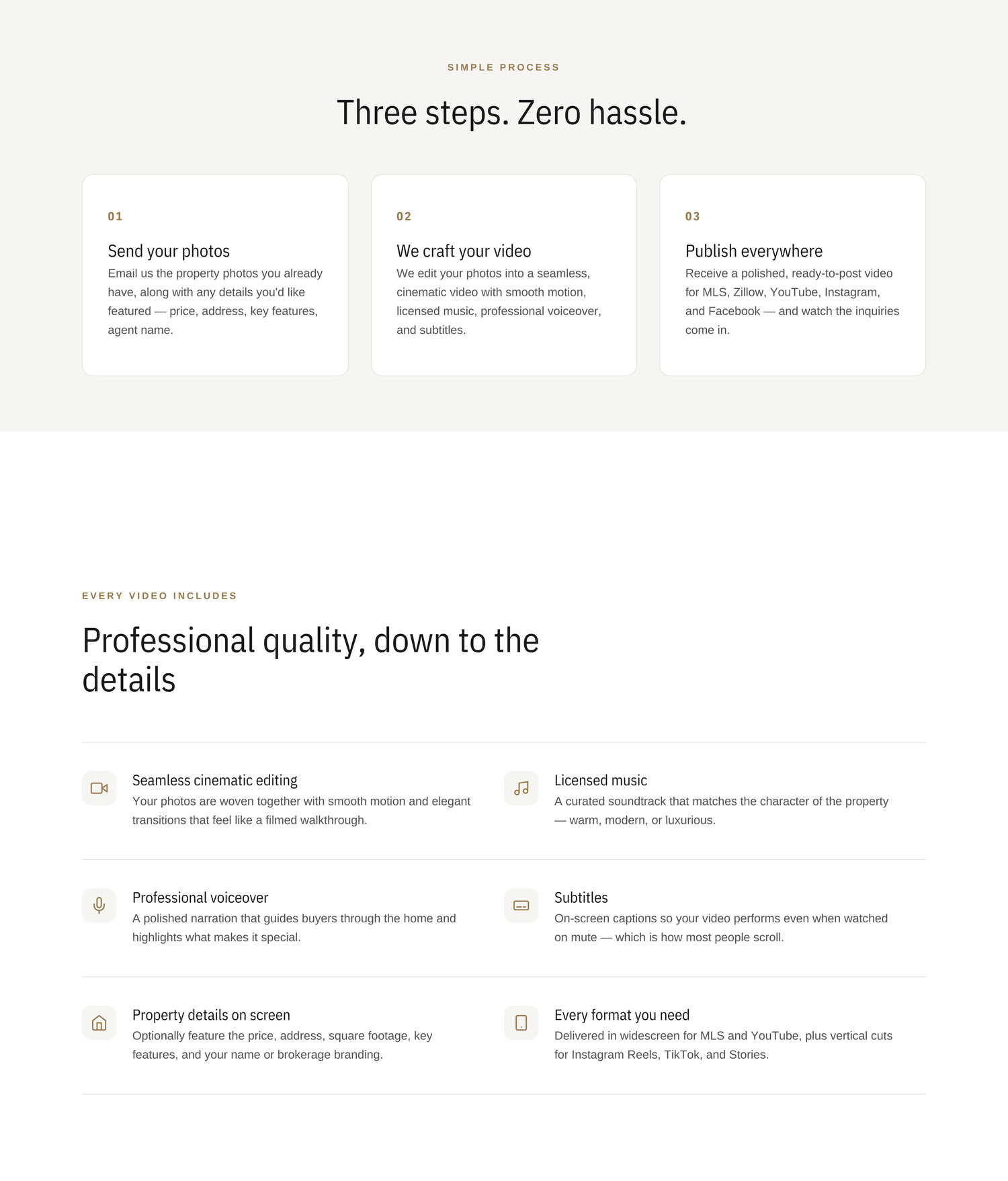 A simple three-step process webpage for a real estate video service offering photo submission, video editing, and multi-platform publishing.