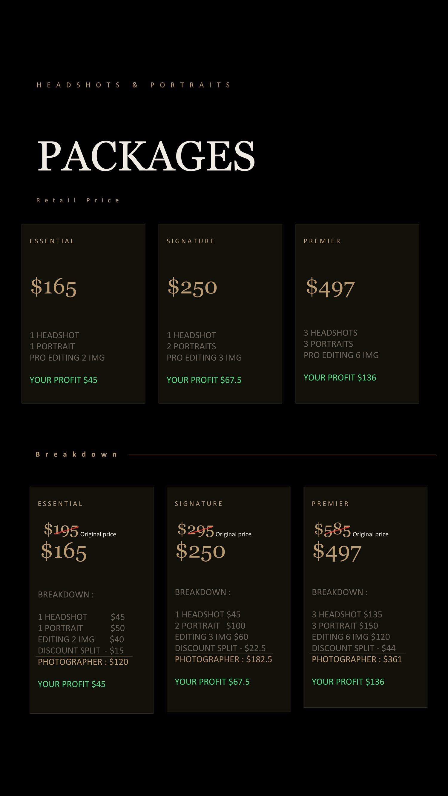 Photography headshots and portraits packages pricing guide showing Essential $165, Signature $250, and Premier $497 retail options.