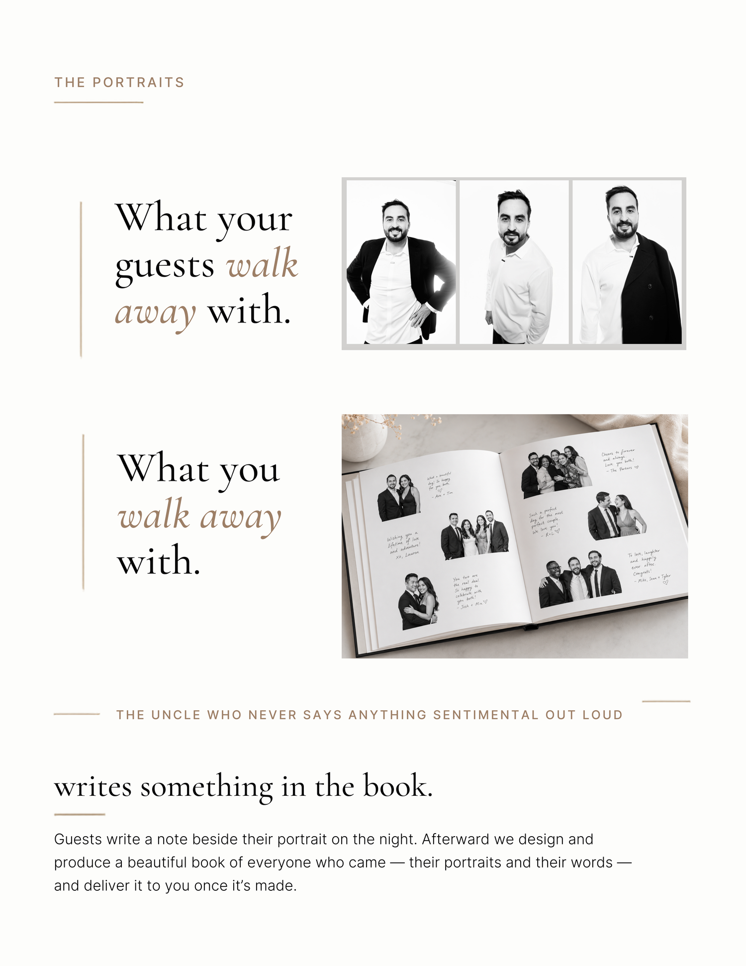 Black and white portrait photography service showing guest photos displayed in an elegant hardcover wedding memory book.